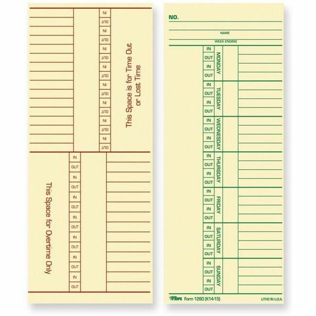 TOPS Products Form Time Card 3-3/8X8.25 TOP12603