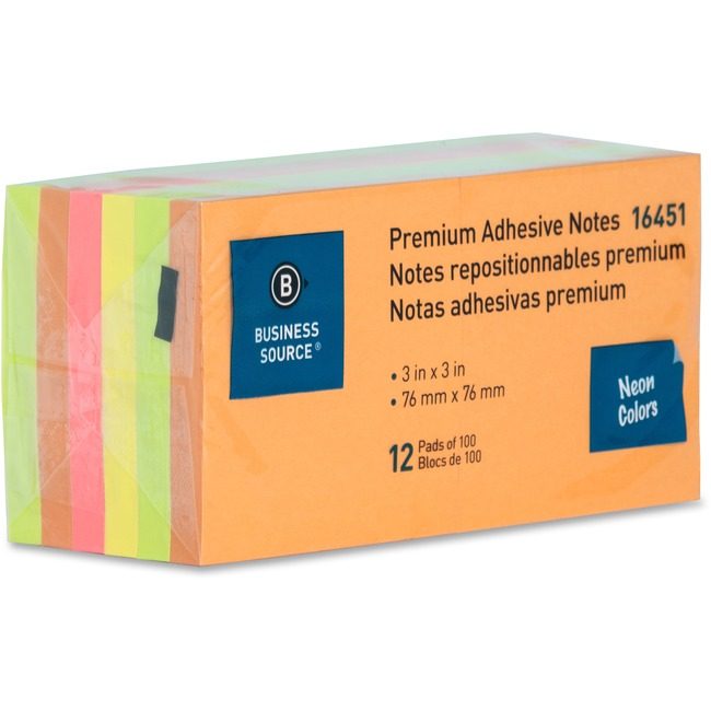 Business Source Notes Adhsive 3X3 12 Pack Neon BSN16451
