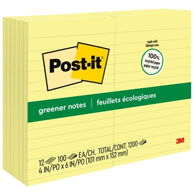 3M Company Note Postit 4X6 12 Pack Lined MMM660RP-YW