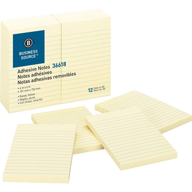 Business Source Notes Adhesive 4X6 12 Pack Lined BSN36618