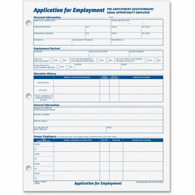 TOPS Products Form Employment Appl 8.5X11 TOP32851