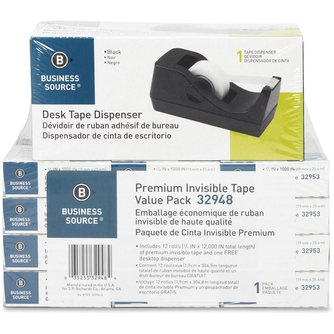 Business Source Dispenser Tape 12 ROLLS Black BSN32948
