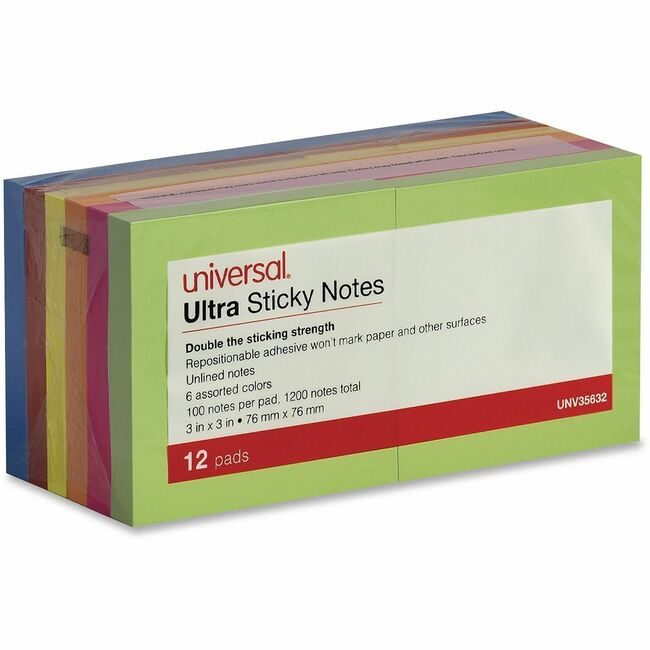 Universal Office Products Note Ultrstcky 3X3 12 Assorted UNV35632