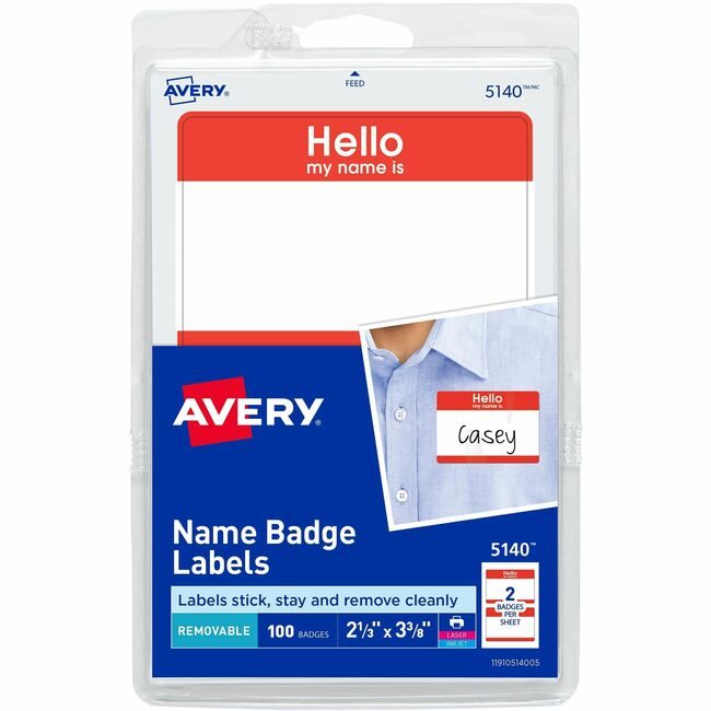 Avery Products Corporation Badge Adhesive Hello Red 100 AVE5140