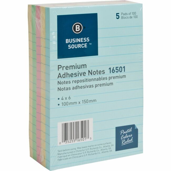 Business Source Notes Adhesive 4X6 5 Pack Lined BSN16501