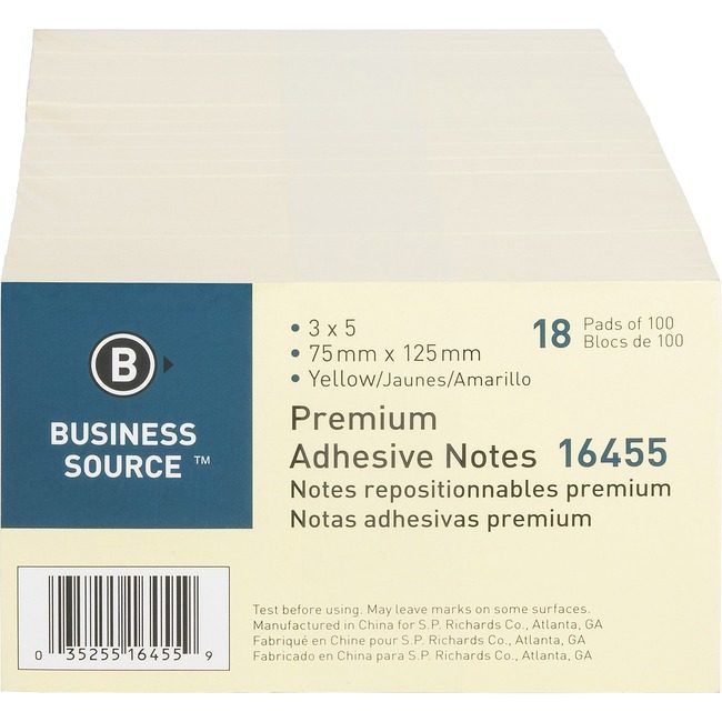 Business Source Notes Adhesive 3X5 18 Pack Yw BSN16455