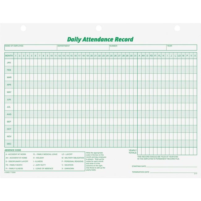 TOPS Products Form Dly Attend Record 50 Pack TOP3284