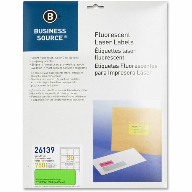 Business Source Label Neon Laser 1X2.5 Green BSN26139