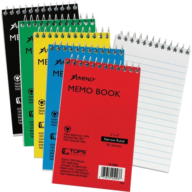 TOPS Products Book Memo Spiral 3X5 Bright TOP25093BD