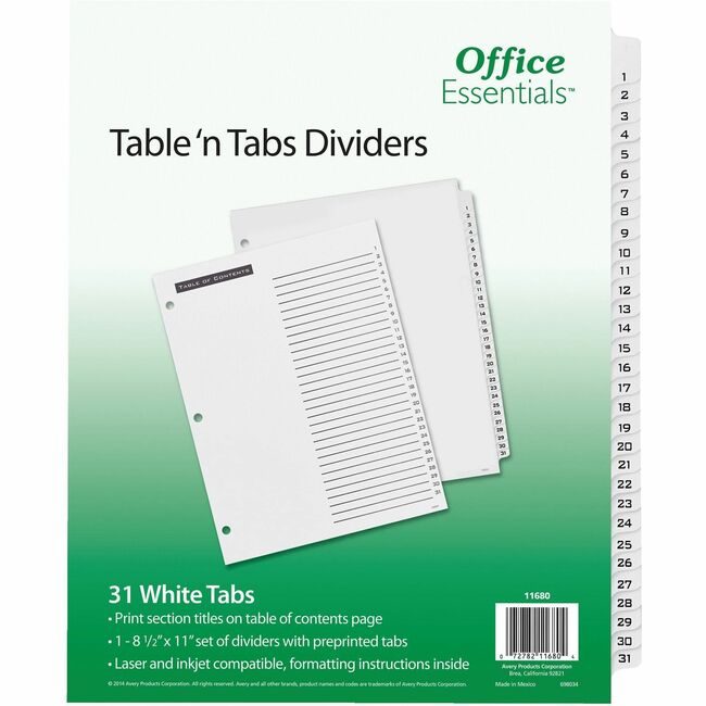 Avery Products Corporation Index Tbl Ntab 1-31 Bk/We AVE11680