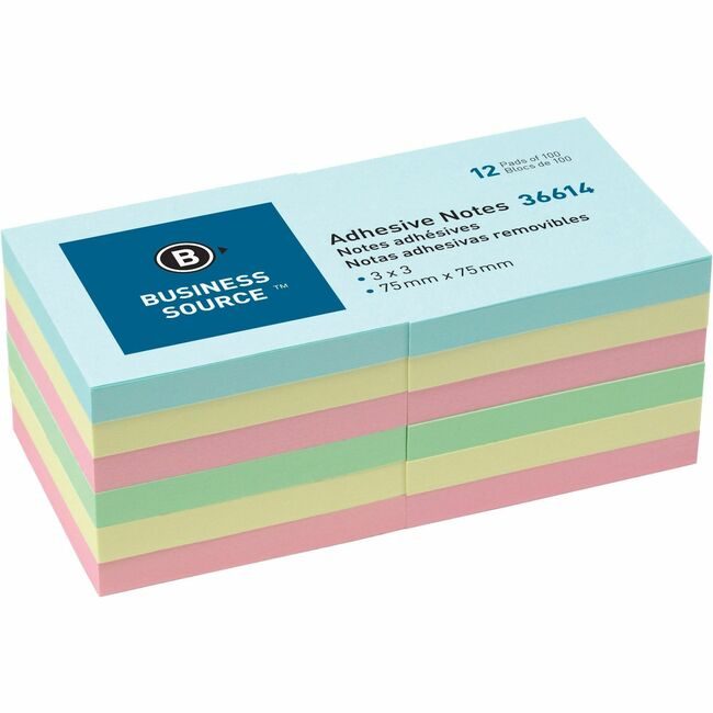 Business Source Notes Adhesive 3X3 12 Pack Pastel BSN36614