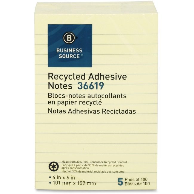 Business Source Notes Adhesive 4X6 5 Pack Lined BSN36619