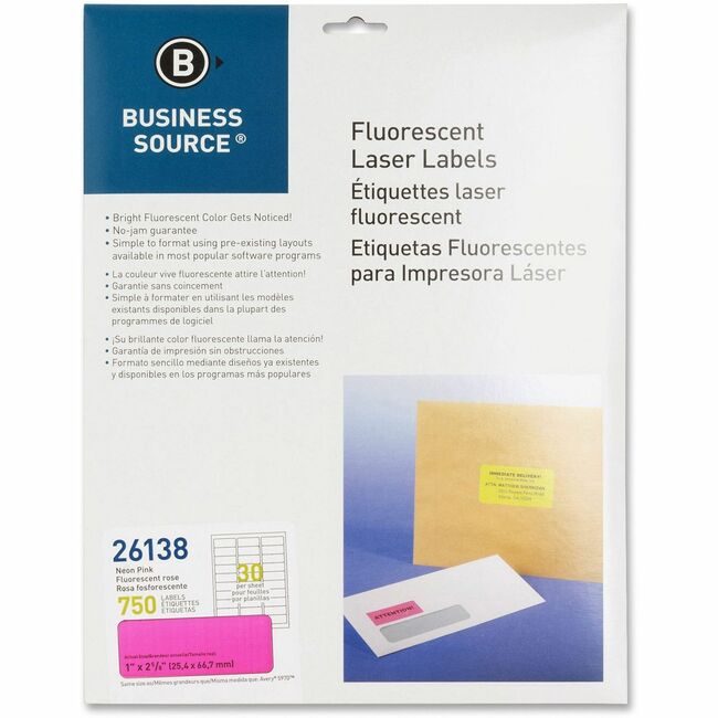 Business Source Label Neon Laser 1X2.5 Pink BSN26138